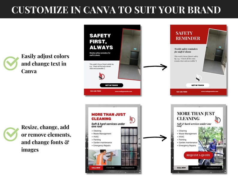 This is a visual example of customization in Canva. Displayed on the page are two post templates from the pack, and next to those, customized versions of those posts that show changes made to the color, text, font, images and elements.