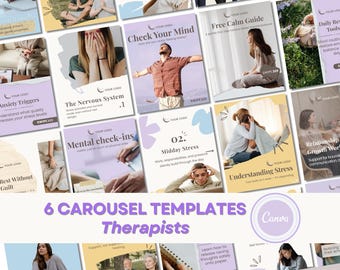 Modelos para mídias sociais para terapeutas | 6 carrosséis editáveis do Canva (download digital)