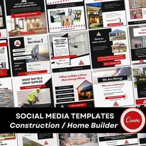 Könnte beinhalten: Eine Sammlung von Social-Media-Vorlagen für Bauunternehmen und Hausbauer. Die Vorlagen verfügen über ein Schwarz-, Weiß- und Rot-Farbschema mit verschiedenen Layouts, die Dienstleistungen, Projekte und Kundenreferenzen präsentieren. Das Canva-Logo ist sichtbar.