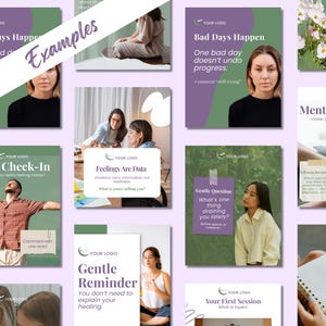 This page displays therapist social media template examples from a set of 40 post templates for therapists and counselors. They have a purple, mauve and green color scheme, a portrait layout, and mental wellness content themes.