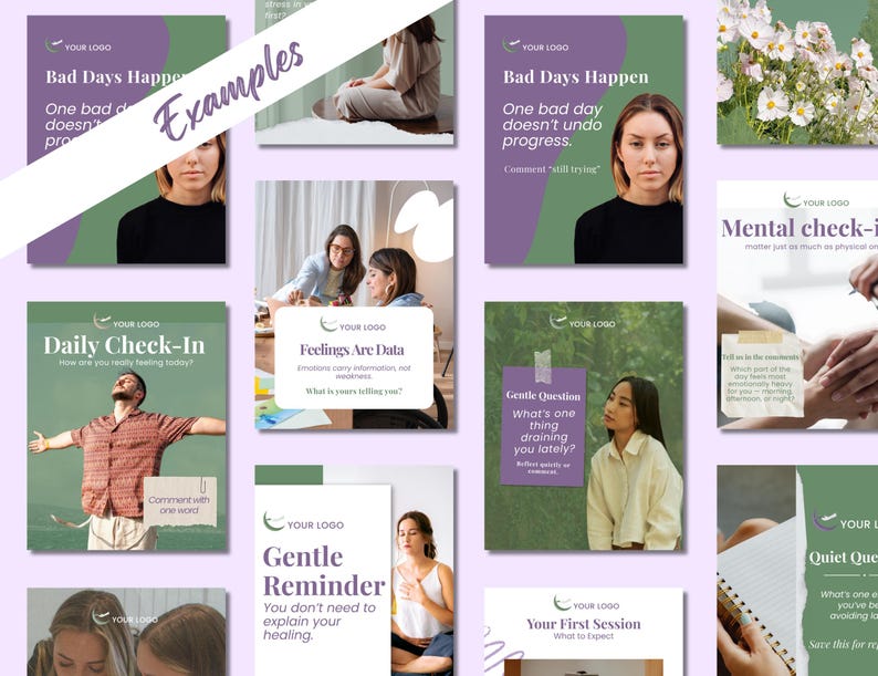 This page displays therapist social media template examples from a set of 40 post templates for therapists and counselors. They have a purple, mauve and green color scheme, a portrait layout, and mental wellness content themes.