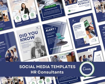 Plantillas de RR. HH. para redes sociales: 40 publicaciones editables de Canva en azul