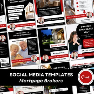 Sjablonen voor sociale media van hypotheekmakelaar Canva | Rood en zwart (30 stiften)