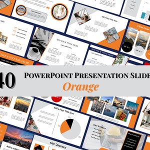 May include: A collection of 40 PowerPoint presentation slides with an orange and navy blue color scheme. The slides feature various layouts, including charts, images, and text placeholders. The text on the image says "40 PowerPoint Presentation Slides Orange".