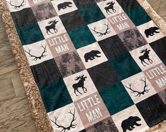 Little Man Baby Blanket - Minky Blanket - Woodland Patchwork - Faux Quilt - Moose Bear Deer - Child Crib Blanket - Hunter Nursery Decor