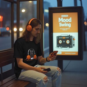 May include: A person wearing a black t-shirt with a graphic of a cassette player and orange headphones. The person is wearing orange headphones and holding a phone. A sign in the background reads "Mood Swing".