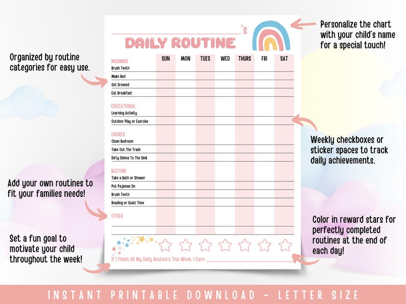 Kids Daily Routine Chart Printable | Morning and Bedtime Tracker ...