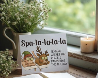 Spa Holiday Card: Elf, Reindeer, Pampering (Digital Download, Printable)