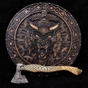 Custom Viking Shield & Axe Set, Fenrir Shield, Carved Viking Gift, Wall Decor, Medieval Norse Shield, Viking Cosplay Shield, Christmas Gift