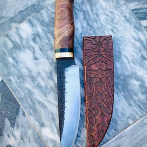 Hand-Forged Viking Knife | Damascus Steel Knife | Custom Norse Knife with Carved Wooden Sheath | Hunting, Bushcraft, and Collectible Gift
