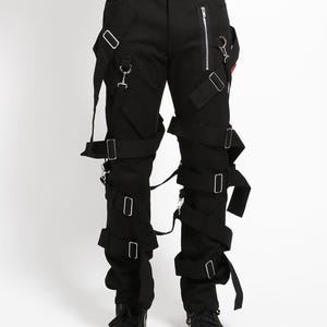 Men&#39;s Black Strappy Pants | Gothic Streetwear Cargo Pants | Punk Fashion Trousers | Avant-Garde Clothing |  Unique Men&#39;s Fashion