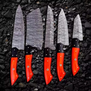 Damascus Steel Chef Knife Set | Handmade Kitchen Knives | Professional Cooking Knife Set | Razor Sharp Blades | Gift for Chefs & Cooks