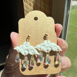 Polymer Clay Cloud Earrings: Crystal Bead Whimsical Jewelry