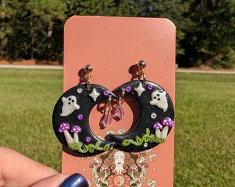 Handmade Crescent Moon Earrings | Witchy Ghost Mushroom Polymer Clay Earrings