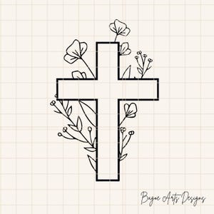 Op de afbeelding: Zwart-witte illustratie van een kruis versierd met bloemmotieven. Het kruis is een eenvoudige geometrische vorm, met bloemen en bladeren er zorgvuldig omheen getekend. Het ontwerp staat op een cr&egrave;mekleurige achtergrond met een rasterpatroon.