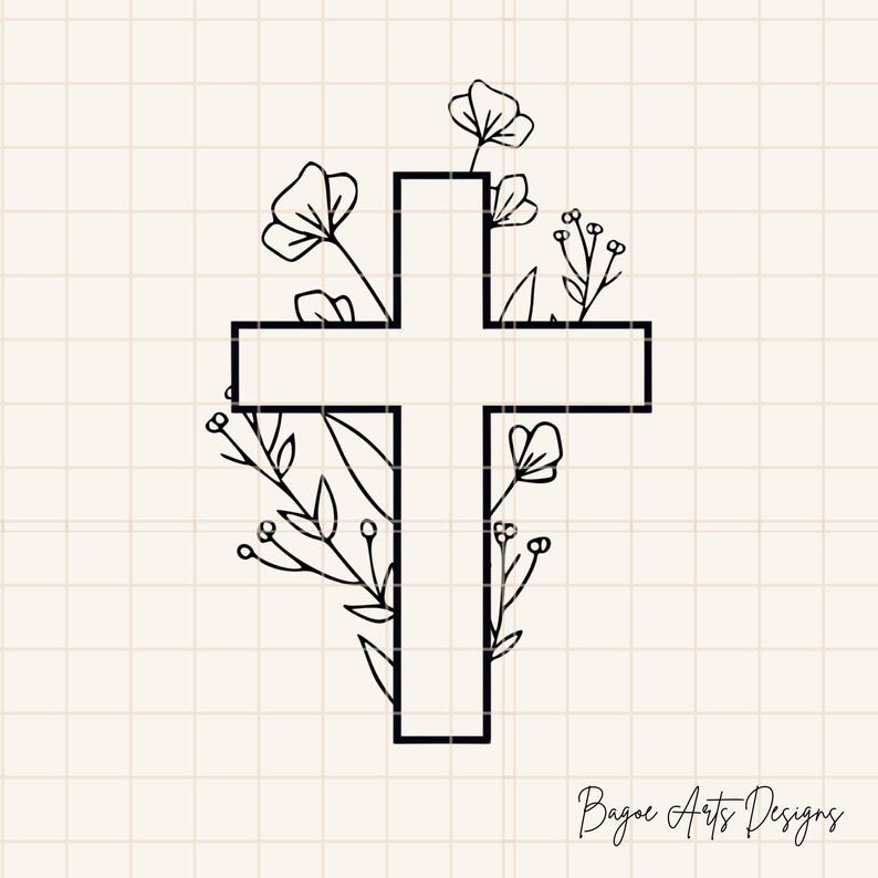Op de afbeelding: Zwart-witte illustratie van een kruis versierd met bloemmotieven. Het kruis is een eenvoudige geometrische vorm, met bloemen en bladeren er zorgvuldig omheen getekend. Het ontwerp staat op een cr&egrave;mekleurige achtergrond met een rasterpatroon.
