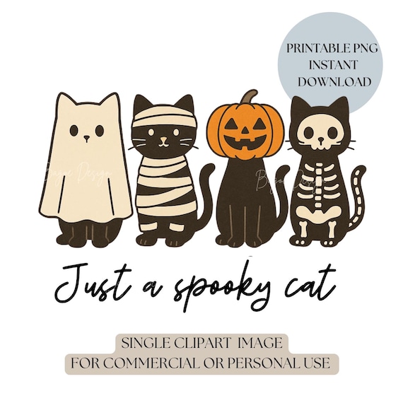 Spooky Cat PNG Clipart | Halloween Cat Ghost, Mummy, Pumpkin, Skeleton | Cute Printable Halloween Art | Instant Download