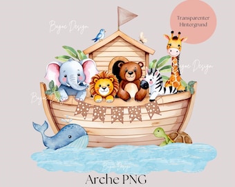 Immagini clipart dell'Arca di Noè con sfondo trasparente, animali ad acquerello in formato PNG per battesimo, comunione, camerette per bambini e progetti fai da te.