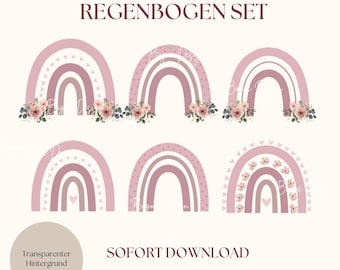 Boho rainbow PNG, pacchetto arcobaleno, download digitale, cameretta dei bambini, vecchio arcobaleno rosa con fiori, arcobaleno con fiori, clipart