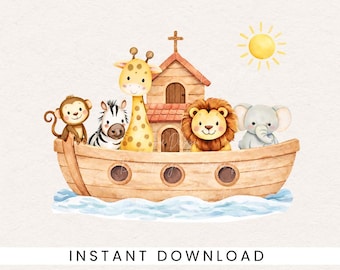 Adorabile clipart PNG dell'Arca di Noè con sole, file PNG di animali per battesimo, comunione, motivo di stampa di alta qualità per stampanti UV, trasferibili a caldo.