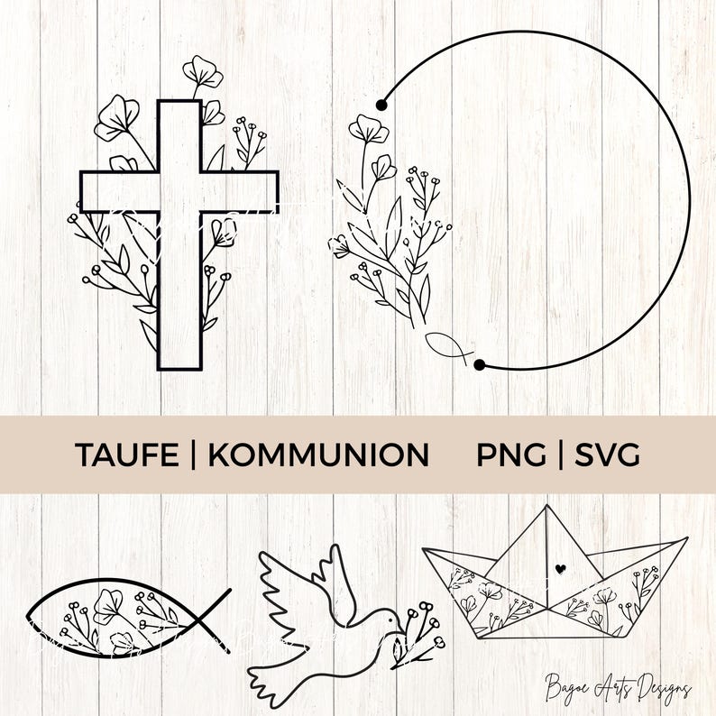 Op de afbeelding: Zwart-wit lijntekeningen van religieuze symbolen en bloemelementen. Bevat een kruis, een cirkelvormig frame met een vis, een vissymbool, een duif en een papieren boot. De tekst "TAUFE | KOMMUNION PNG | SVG" is ook aanwezig.