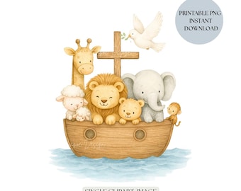 Arca di Noè con croce PNG Clipart, grazioso file PNG per battesimo, comunione, motivo di stampa di alta qualità per stampanti UV, sublimazione.