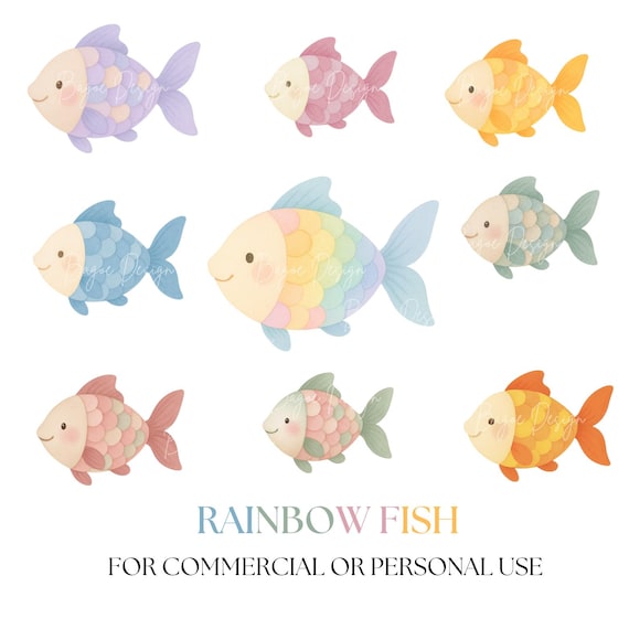 Regenbogenfisch Clipart | Aquarell Fische PNG | Niedliche Meerestiere Digital Download | Unter dem Meer Kinderparty Deko , Tauffeier