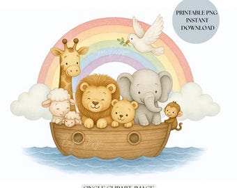 Clipart dell'Arca di Noè con arcobaleno e sfondo trasparente, animali acquerellati come PNG per battesimo, comunione, cameretta dei bambini e progetti fai da te