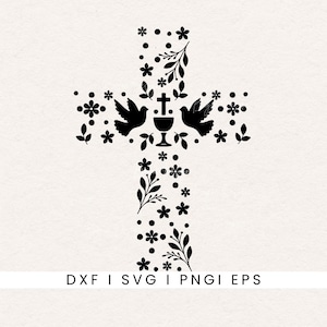 Puede incluir: Diseño de cruz negra con detalles florales y palomas. La cruz presenta un cáliz, flores, hojas y dos palomas. El texto en la parte inferior dice: DXF | SVG | PNG | EPS.
