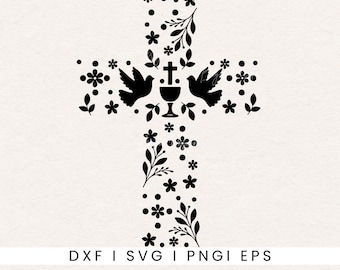 Floral Cross SVG , Laser Engraving & Cricut cut file, Baby Baptism Design , Dxf Png Eps ,