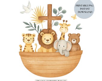 Noah‘s Ark PNG Clipart with cute animals | Sweet Christian Animals for Baptism Gifts, nursery Art , Transparent background , high Resolution