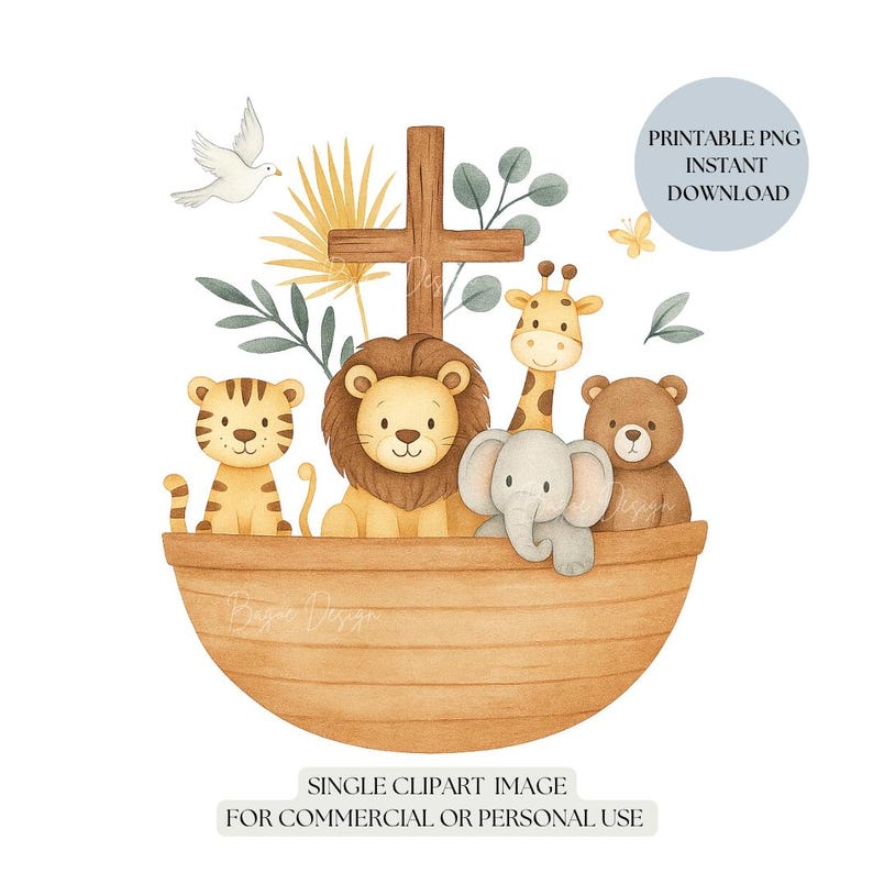 May include: Watercolor illustration of Noah's Ark with a wooden cross, a dove, and various animals including a tiger, lion, giraffe, elephant, and bear. The image has a soft, pastel color palette and includes the text "PRINTABLE PNG INSTANT DOWNLOAD".