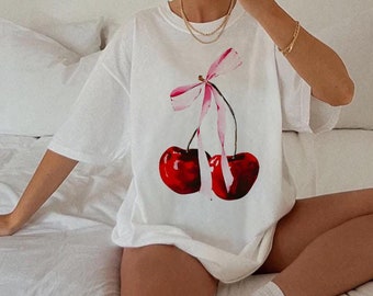 Cherry Ribbon Bow Comfort Colors T-Shirt, Girly Tee