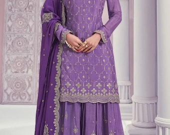 Pakistani Chinon Sharara Suit with Heavy Embroidery & Dupatta | Bridal Festive Wedding Wear