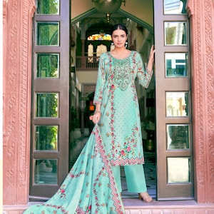 Aqua Blue Pure Zam Cotton Floral Embroidered Suit – Stylish Pakistani Salwar Kameez for Summer Events, Eid or Festive Occasions
