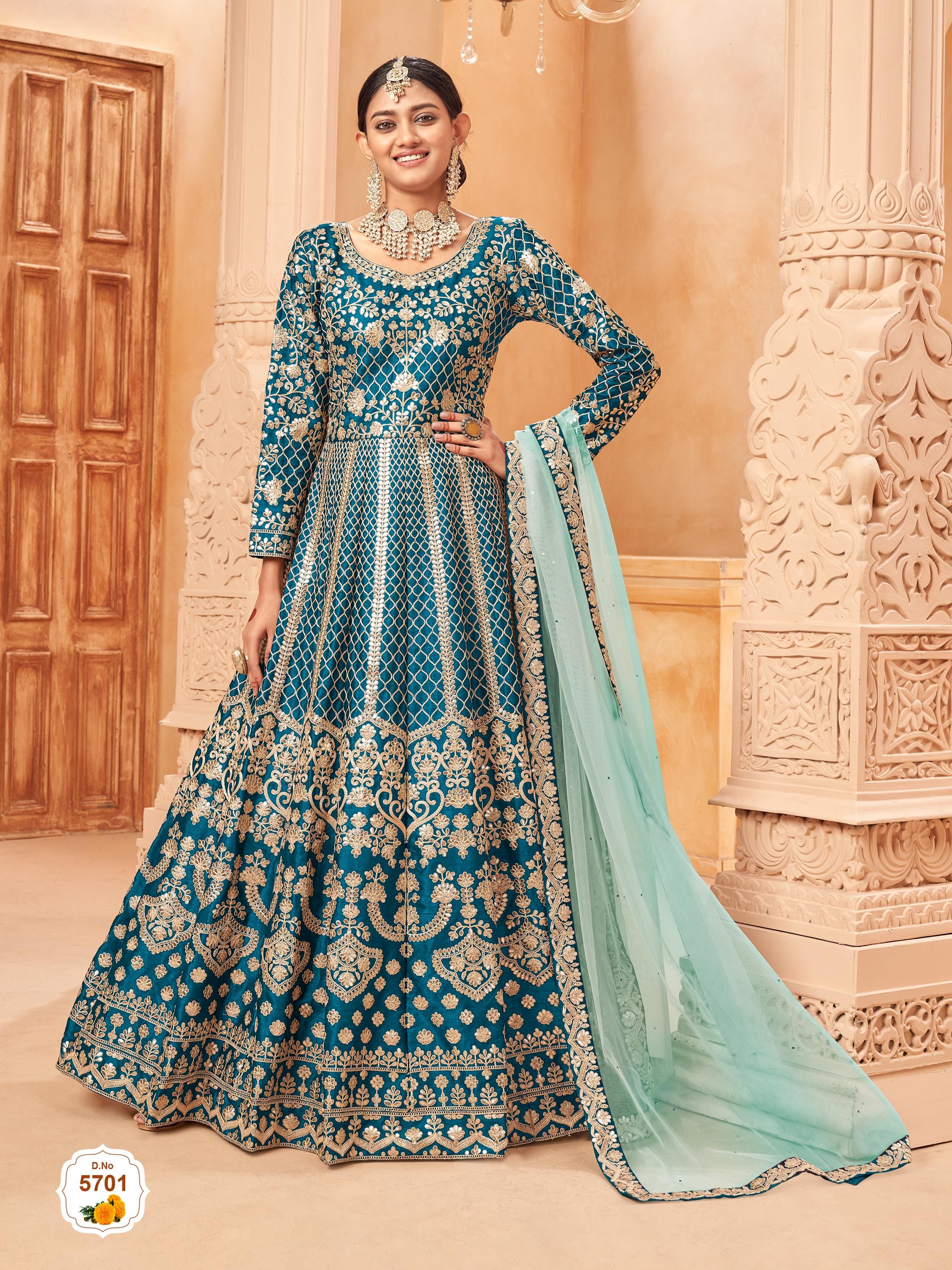 Embroidered Art Silk Anarkali Gown with Dupatta * Indian Wedding Outfit