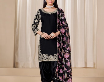 Embroidered Roman Silk Patiala Suit Set | Indian Salwar Kameez