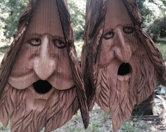 2 wood spirit birdhouse. Hand carved, home made in the U.S.A. From western red cedar. face art cottage for indoor or outdoor.