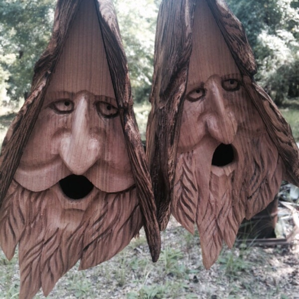 2 wood spirit birdhouse. Hand carved, home made in the U.S.A. From western red cedar. face art cottage for indoor or outdoor.