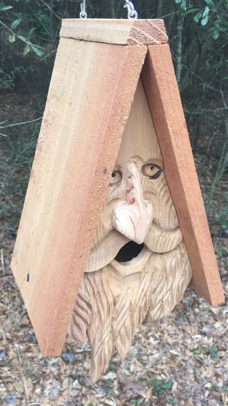Happy wood spirit birdhouse. Hand carved home made in the Etsy