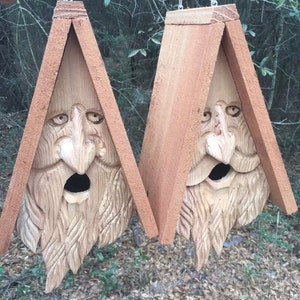 2 Hand Carved Wood Spirit Old Man Face Cedar Birdhouses