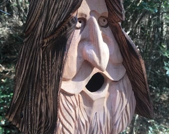 Happy wood spirit birdhouse. Hand carved, home made in the U.S.A. From western red cedar. Smiling face art cottage for indoor or outdoor.