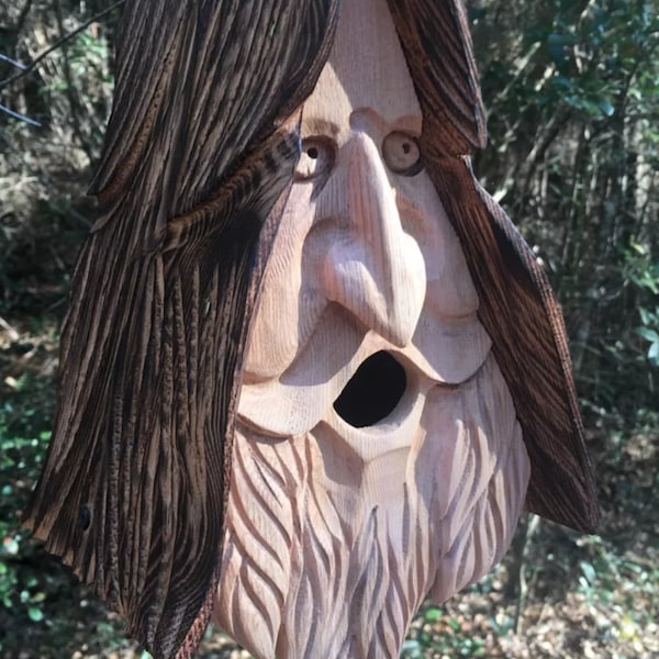 Happy wood spirit birdhouse. Hand carved, home made in the U.S.A. From western red cedar. Smiling face art cottage for indoor or outdoor.