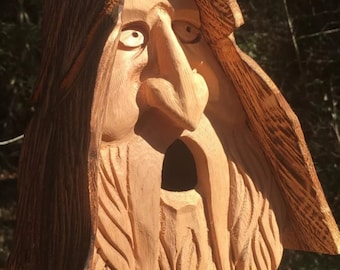 Whimsical wood spirit birdhouse. Hand carved, home made in the U.S.A. From western red cedar. Face art cottage for indoor or outdoor.