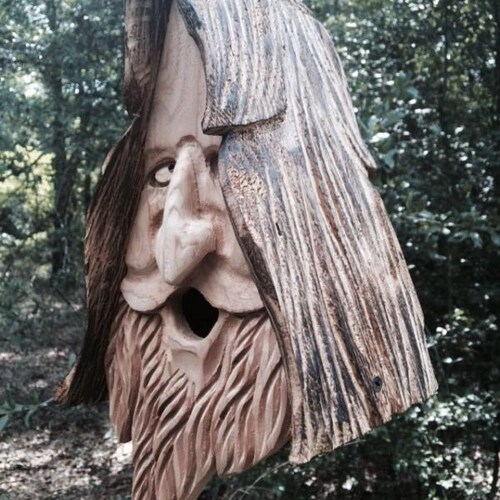 Wood Spirit rustic Old Man Face Hand Carved Cedar Bird House Birdhouse Happy 