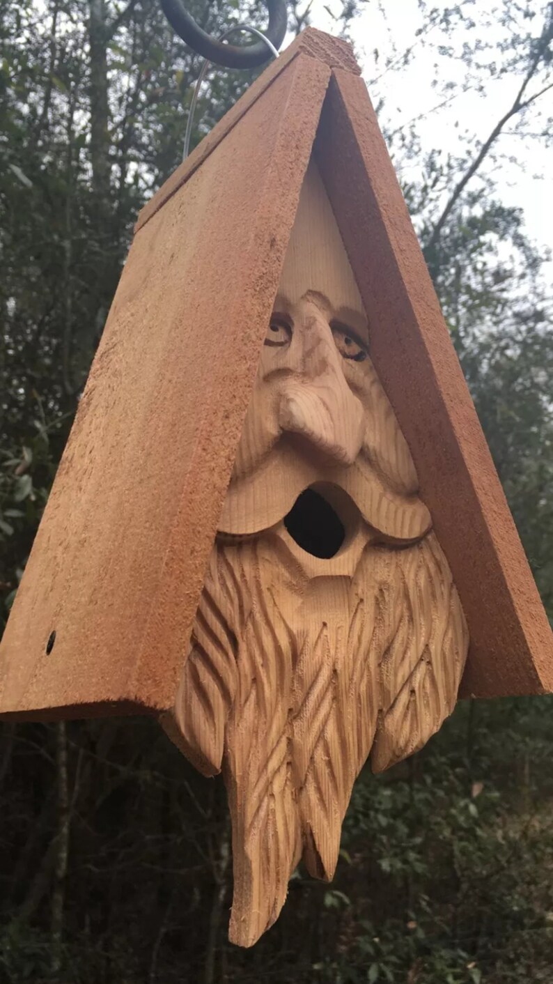 Happy wood spirit birdhouse. Hand carved home made in the Etsy