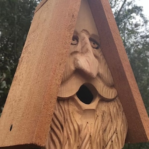 Hand Carved Wood Spirit Old Man Face Cedar Birdhouse Happy