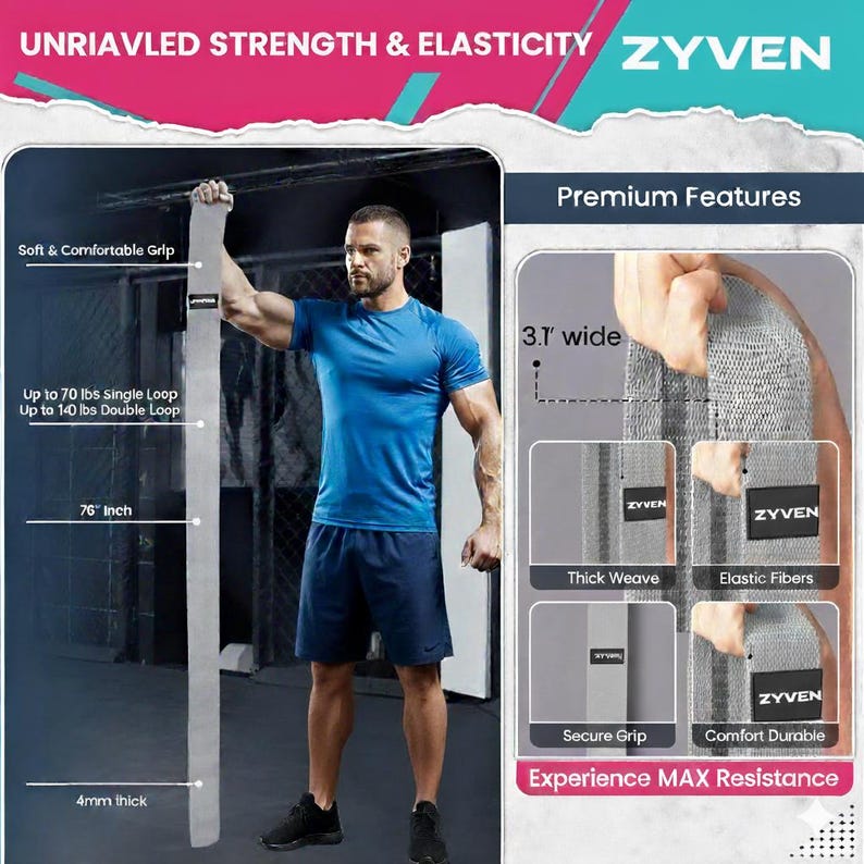 May include: A gray resistance band with the text "ZYVEN" is held up by a person. The band is 76 inches long and 4mm thick. The text "UNRIVALED STRENGTH & ELASTICITY" is at the top. The band offers up to 70 lbs single loop and 140 lbs double loop resistance.