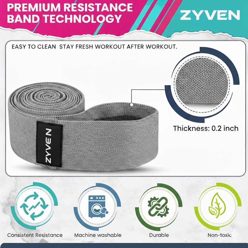 May include: A gray resistance band with the brand name "ZYVEN" on a black label. The band is 0.2 inches thick and is rolled up. The image includes text that says "Premium Resistance Band Technology" and "Easy to clean stay fresh workout after workout."