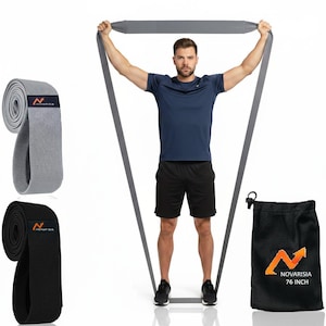 May include: A man demonstrates the use of a gray resistance band, with two rolled bands in gray and black. A black bag with the text "NOVARISIA 76 INCH" and a logo is also shown. The man is wearing a blue shirt and black shorts.